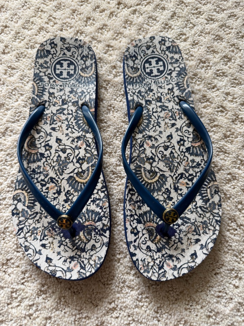 Tory Burch Blue Strappy Logo Flip Flops with Patterned Footbed